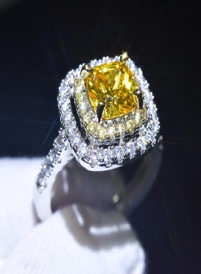 MAIHAO Women Gorgeous 925 Sterling Silver Princess Cut Citrine Ring Cushion Cut Cubic Zirconia CZ Statement Halo Engagement Ring Wedding Jewelry Size 6-10 (Size 7)… - Image 1